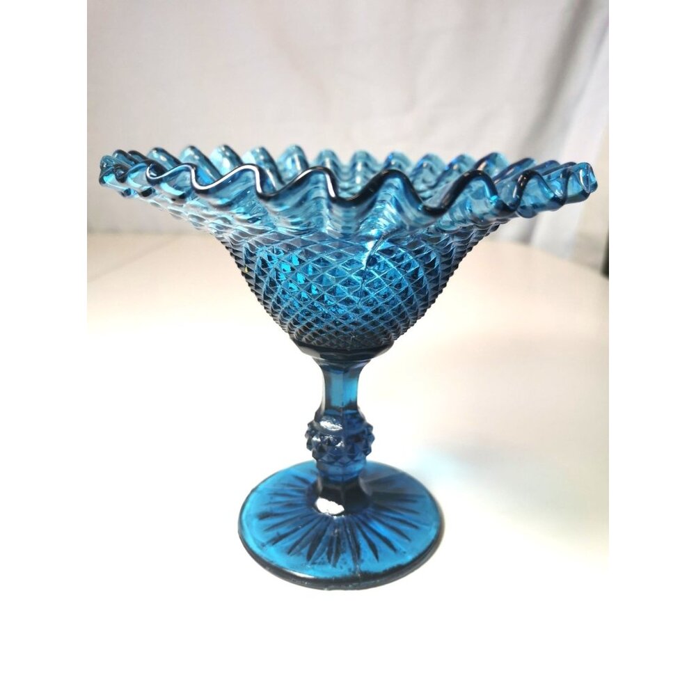 Candy Dish Pedestal Cool Blue Diamond IVIMA Point Glass Compote Vintage 1960s